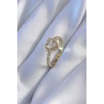 Gold Renk Zirkon Taşlı Kalp Model Pirinç Charm Kadın Yüzük