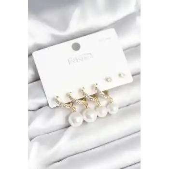 Gold Renk Zirkon Taşlı Pirinç İncili 925 Ayar Gümüş Çivili Küpe Seti