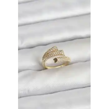 Gold Renk Zirkon Taşlı Pirinç Kadın Yüzük
