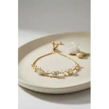 Gold Renk Zirkon Taşlı Pirinç Sarmaşık Çiçek Model Asansörlü Bileklik