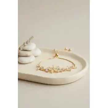 Gold Renk Zirkon Taşlı Pirinç Sedefli Çiçek Model Asansörlü Bileklik