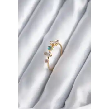 Gold Renk Zirkon Taşlı Renkli Zirkon Taşlı Kadın Yüzük