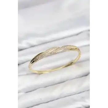 Gold Renk Zirkon Taşlı Sarmal Model Kadın Kelepçe Bileklik
