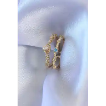 Gold Renk Zirkon Taşlı Taç Figür Pirinç Kadın Yüzük