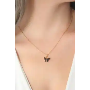 Gold Siyah Renk Kelebek Figür Kadın Kolye
