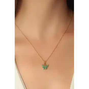Gold Yeşil Renk Kelebek Figür Kadın Kolye