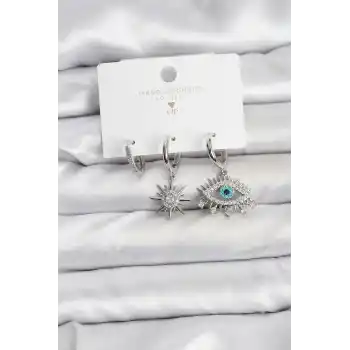 Göz Model Gümüş Renk Pirinç 3lü Kadın Küpe Seti