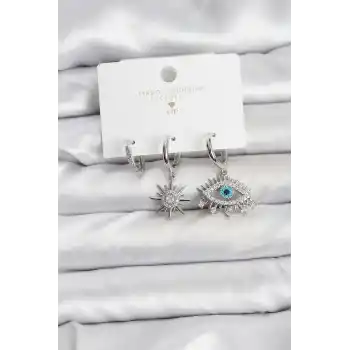 Göz Model Gümüş Renk Pirinç 3lü Kadın Küpe Seti