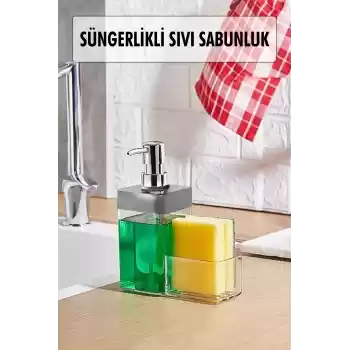 Gri Renkli Sıvı Sabunluk Süngerlik Hazneli 450 ml