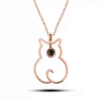 Gümüş Ağustos Ayı Doğum Taşı Kedi Kadın Kolye