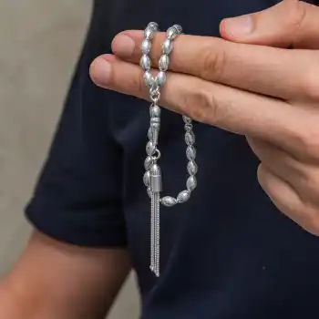 Gümüş Arpa Kesim Çizgili Erkek Tesbih