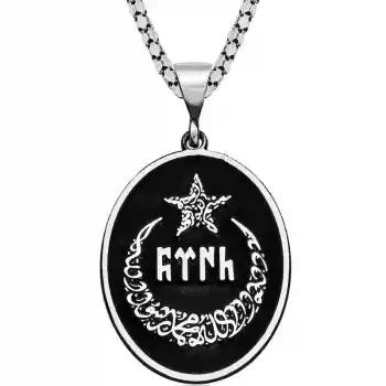 Gümüş Ay Yıldız İçerisi Göktürkçe Türk Yazılı Kolye