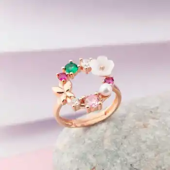 Gümüş Ayarlanabilir Rose Manolya Çiçeği Kadın Yüzük