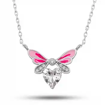 Gümüş Beyaz Kalp Peri Kanatlı Kolye