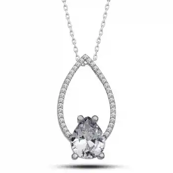 Gümüş Beyaz Taşlı Damla Kadın Kolye