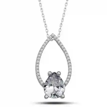 Gümüş Beyaz Taşlı Damla Kadın Kolye