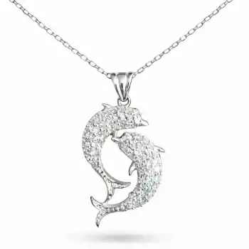 Gümüş Çift Yunus Balığı Kadın Kolye