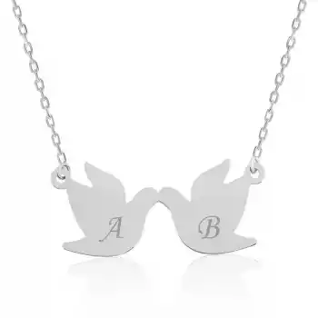 Gümüş Çifte Kumrular Harf Yazılı Kolye