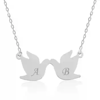 Gümüş Çifte Kumrular Harf Yazılı Kolye