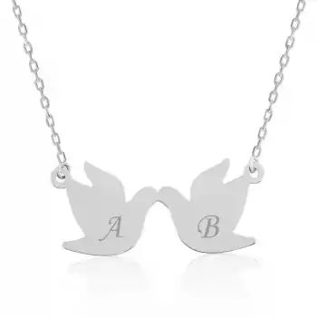 Gümüş Çifte Kumrular Harf Yazılı Kolye