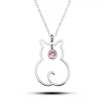 Gümüş Ekim Ayı Doğum Taşı Kedi Kadın Kolye