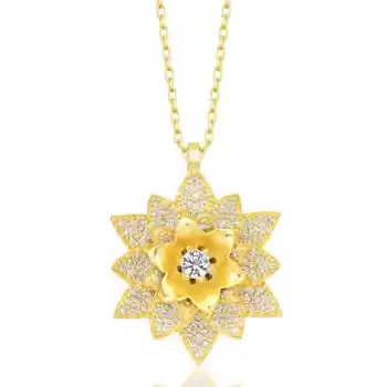 Gümüş Gold Beyaz Taşlı Lotus Çiçeği Kadın Kolye
