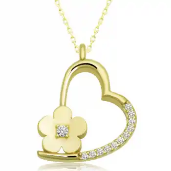 Gümüş Gold Çiçekli Kalp Kadın Kolye