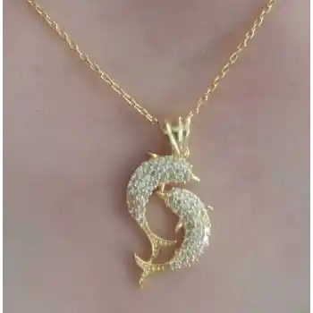Gümüş Gold Çift Yunus Balığı Kadın Kolye