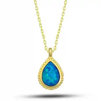 Gümüş Gold Damla Mavi Opal Taşlı Kadın Kolye