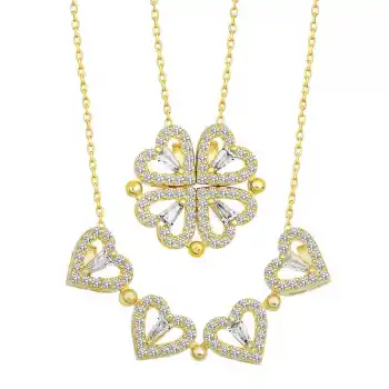 Gümüş Gold Kalpli Açılabilen Yonca Kadın Kolye