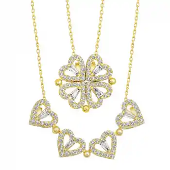 Gümüş Gold Kalpli Açılabilen Yonca Kadın Kolye