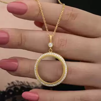 Gümüş Gold Kaplama Yuvarlak Yarım Altın Takılabilen Kadın Kolye