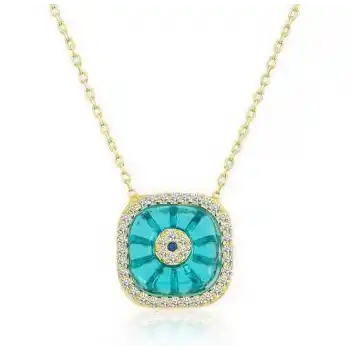 Gümüş Gold Kare Camgöz Nazar Bayan Kolye