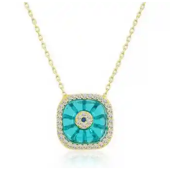 Gümüş Gold Kare Camgöz Nazar Bayan Kolye