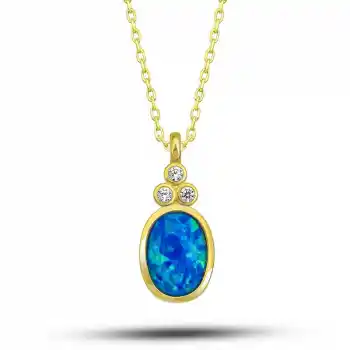 Gümüş Gold Mavi Opal Taşlı Ananas Kadın Kolye