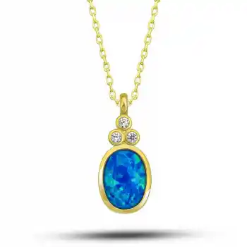 Gümüş Gold Mavi Opal Taşlı Ananas Kadın Kolye