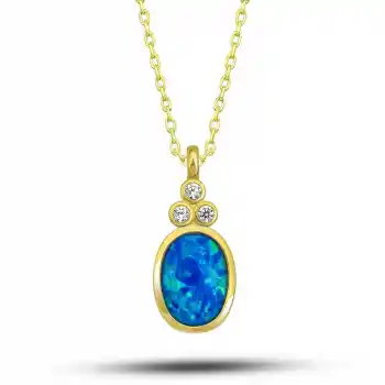 Gümüş Gold Mavi Opal Taşlı Ananas Kadın Kolye