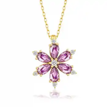 Gümüş Gold Mor Lotus Çiçeği Kadın Kolye