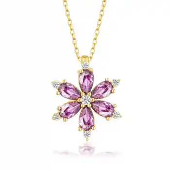 Gümüş Gold Mor Lotus Çiçeği Kadın Kolye