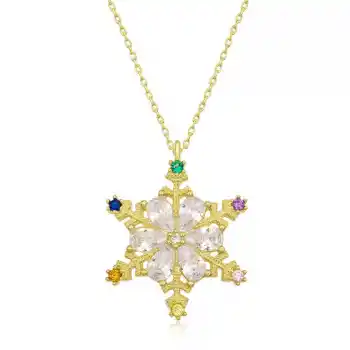 Gümüş Gold Renkli Taşlı Kar Tanesi Kadın Kolye