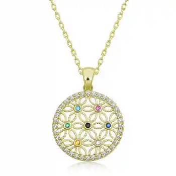 Gümüş Gold Renkli Taşlı Yaşam Çiçeği Kadın Kolye