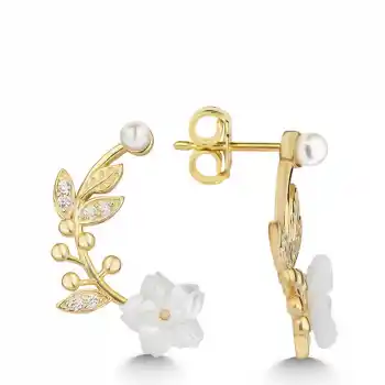 Gümüş Gold Sedef Çiçek Çivili Kadın Küpe