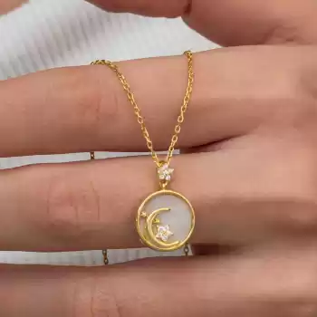 Gümüş Gold Sedef Taşlı Ay Yıldız Hilal Kadın Kolye