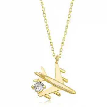Gümüş Gold Tek Taşlı Uçak Kadın Kolye
