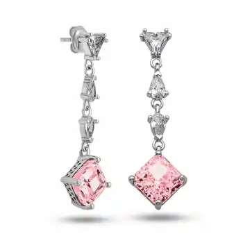 Gümüş Ice Cut Pembe Zirkon Taşlı Işıltılı Kadın Küpe