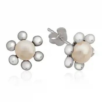 Gümüş İnci Çiçek Çivili Küpe