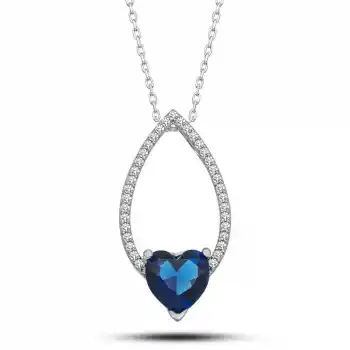 Gümüş Kalp Mavi Taşlı Damla Kadın Kolye