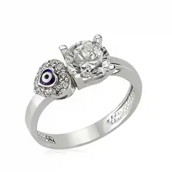 Gümüş Kalp Nazarlı Tek Taş Bayan Yüzük