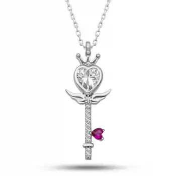 Gümüş Kalp Taç Anahtar Kadın Kolye