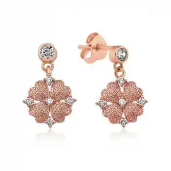 Gümüş Kalp Yapraklı Çiçek Küpe